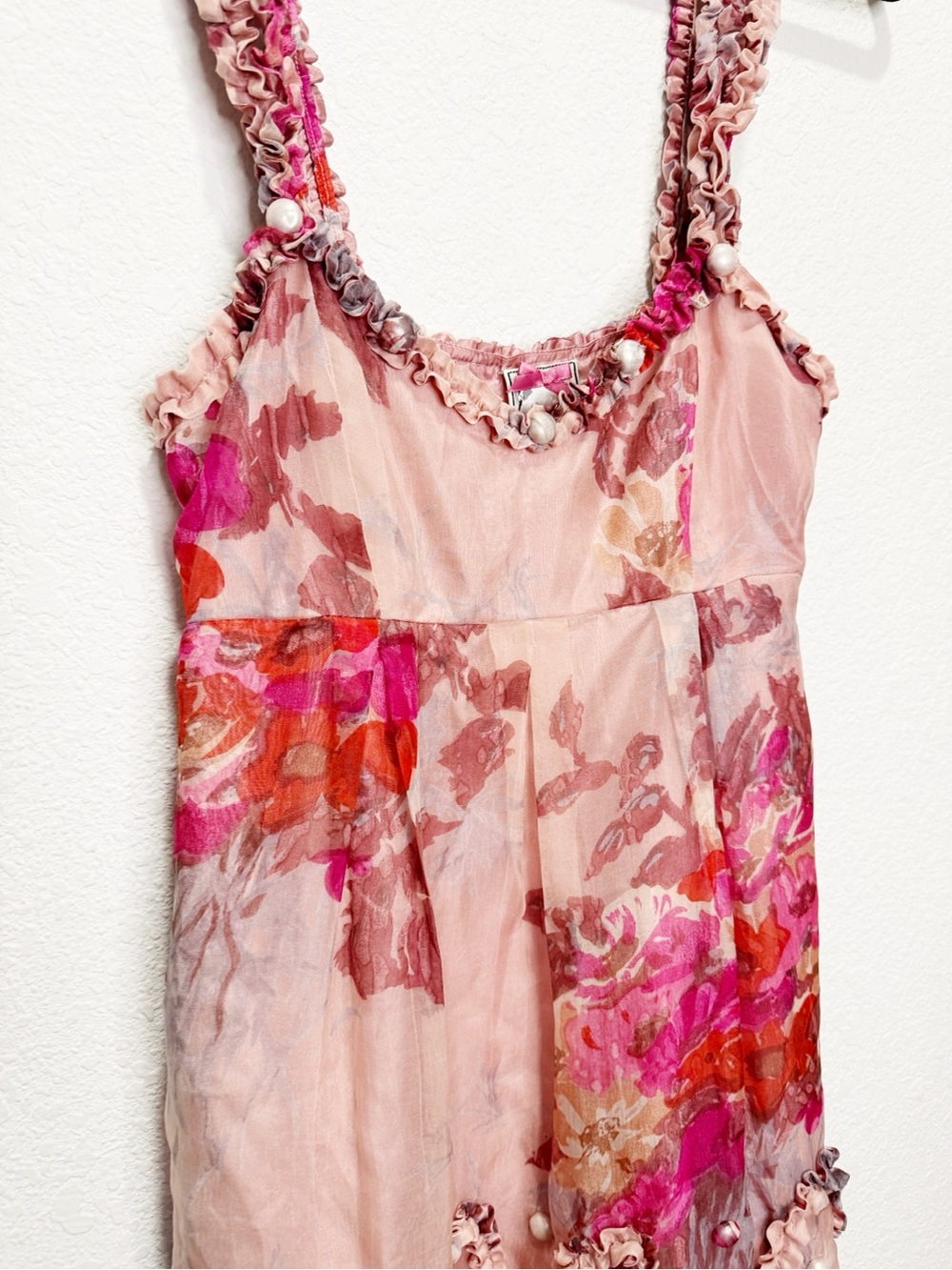 Yoana Baraschi Y2K Vintage Silk Babydoll Ruffle Pearl Floral Dress Anthropologie - Picture 3 of 9
